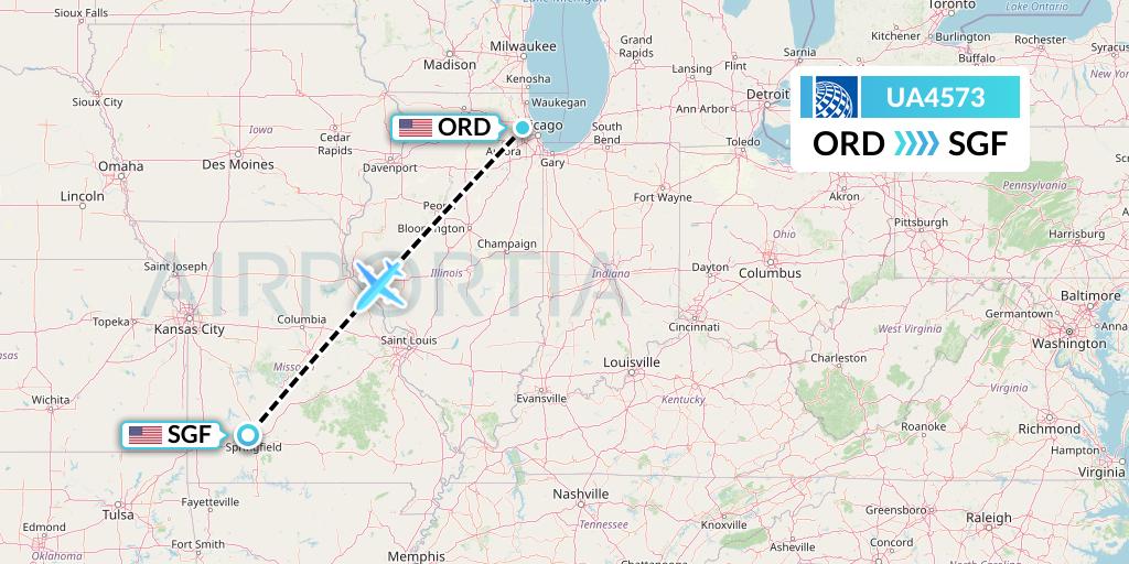 UA4573 United Airlines Flight Map: Chicago to Springfield