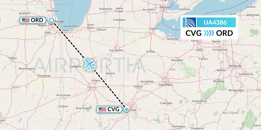 UA4386 United Airlines Flight Map: Cincinnati to Chicago