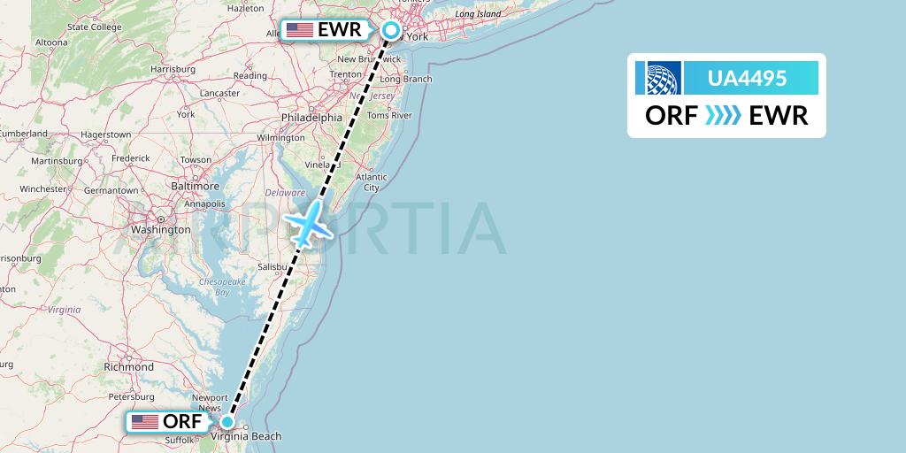 UA4495 United Airlines Flight Map: Norfolk to New York