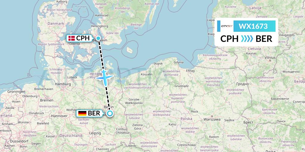 WX1673 Cityjet Flight Map: Copenhagen to Berlin