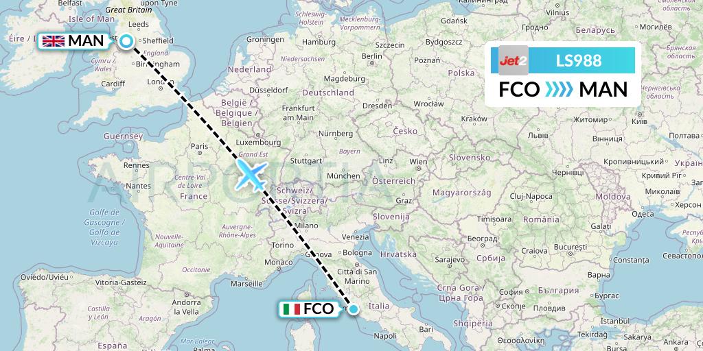 LS988 Jet2 Flight Map: Rome to Manchester