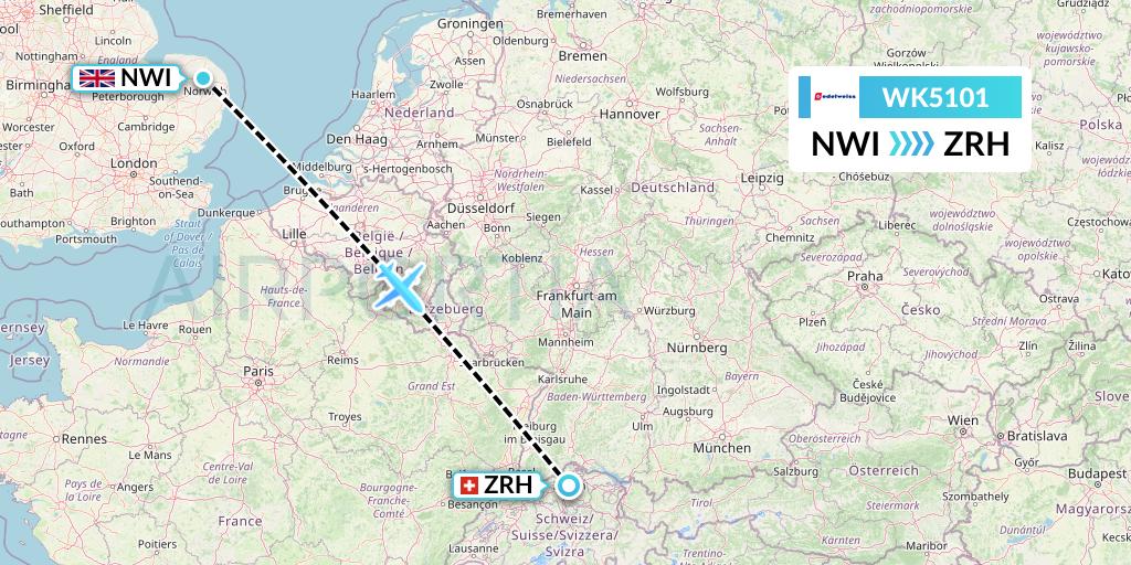 WK5101 Edelweiss Air Flight Map: Norwich to Zurich