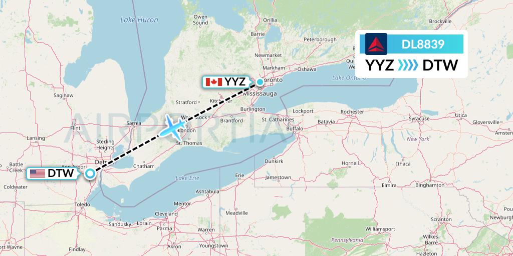 DL8839 Delta Air Lines Flight Map: Toronto to Detroit