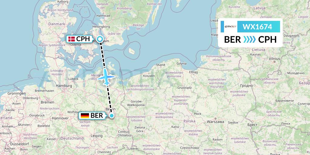 WX1674 Cityjet Flight Map: Berlin to Copenhagen