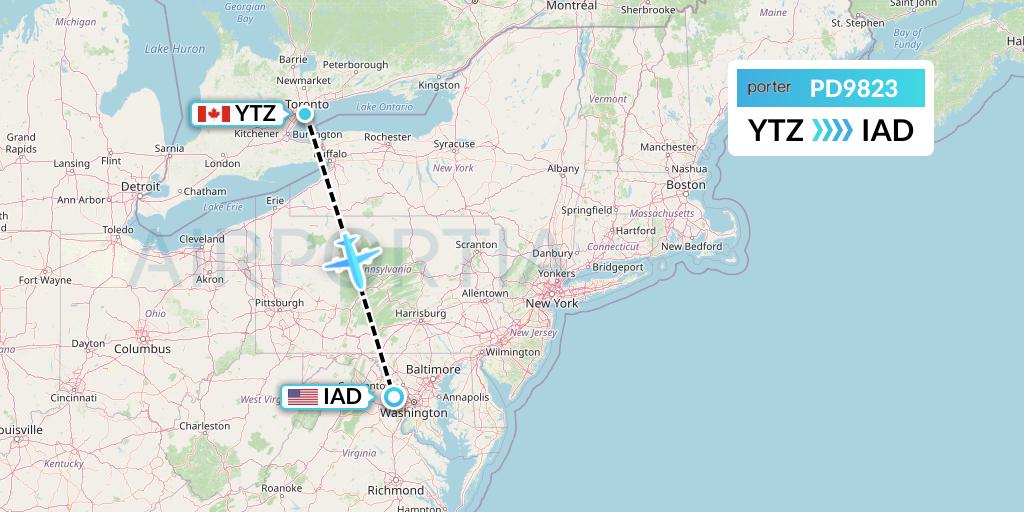 PD9823 Porter Airlines Flight Map: Toronto to Washington