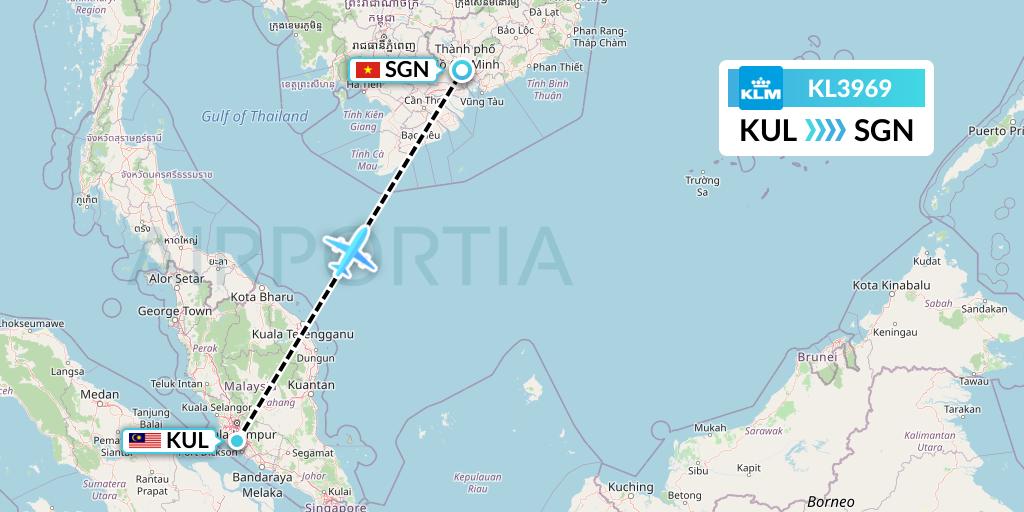 KL3969 KLM Flight Map: Kuala Lumpur to Ho Chi Minh City