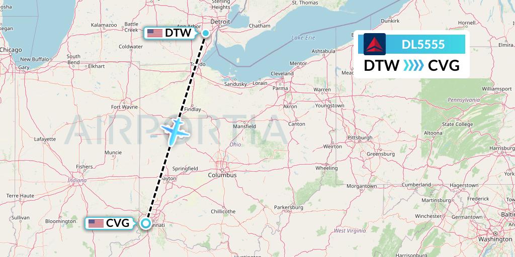 DL5555 Delta Air Lines Flight Map: Detroit to Cincinnati