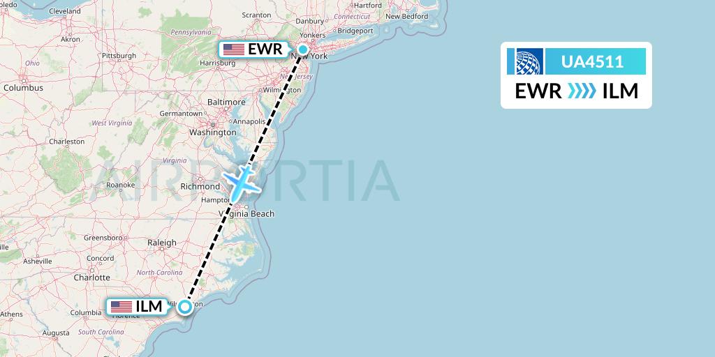 UA4511 United Airlines Flight Map: New York to Wilmington