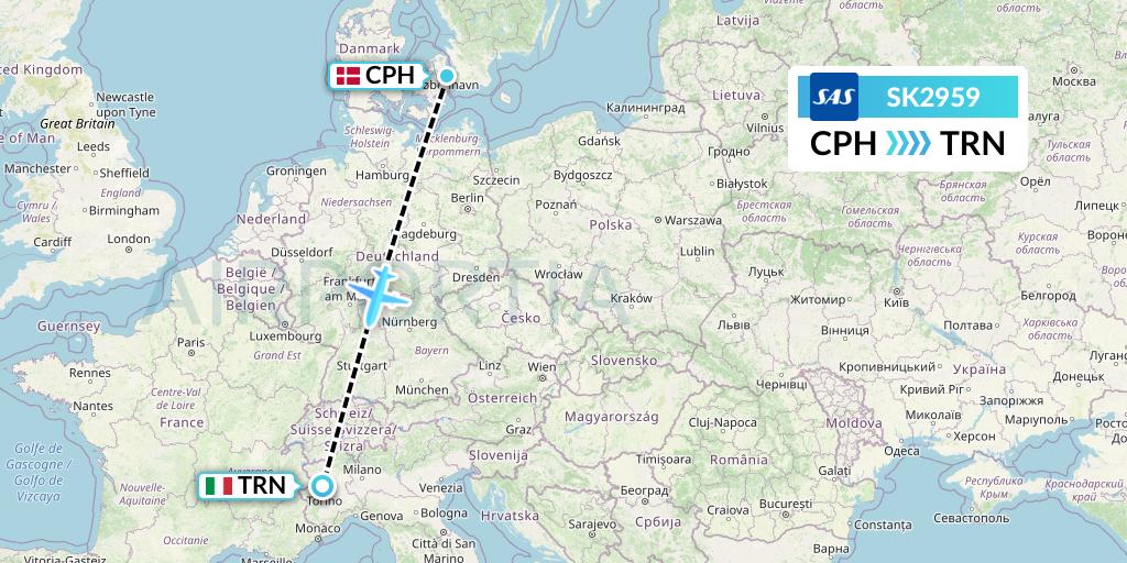SK2959 SAS Flight Map: Copenhagen to Turin