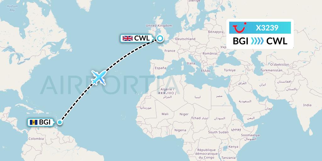 X3239 TUI fly Germany Flight Map: Bridgetown to Cardiff