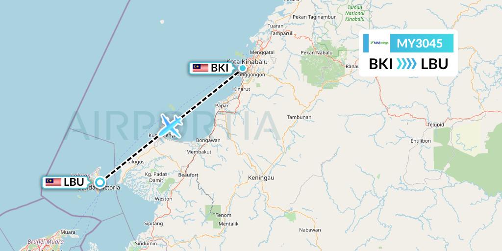 MY3045 MASwings Flight Map: Kota Kinabalu to Labuan