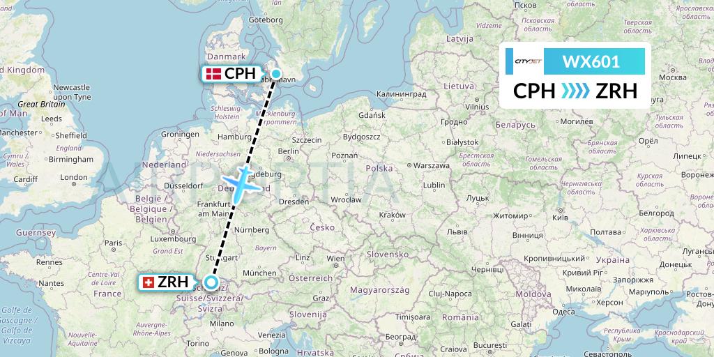 WX601 Cityjet Flight Map: Copenhagen to Zurich