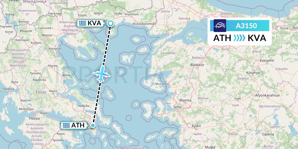 A3150 Aegean Airlines Flight Map: Athens to Kavala