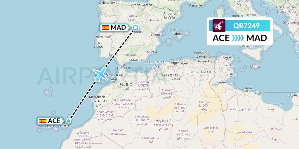 QR7249 Qatar Airways Flight Map: Lanzarote to Madrid