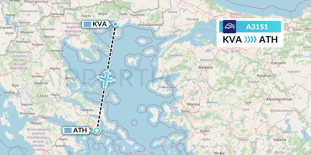 A3151 Aegean Airlines Flight Map: Kavala to Athens