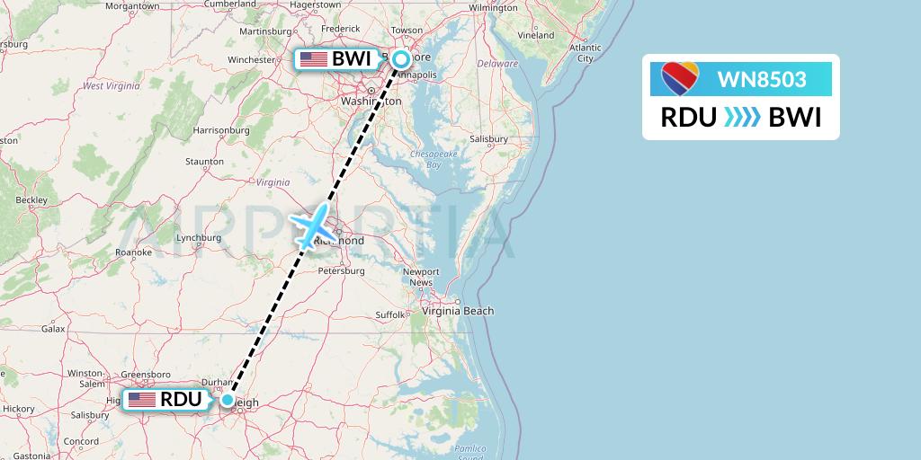 WN8503 Southwest Airlines Flight Map: Raleigh-Durham to Baltimore