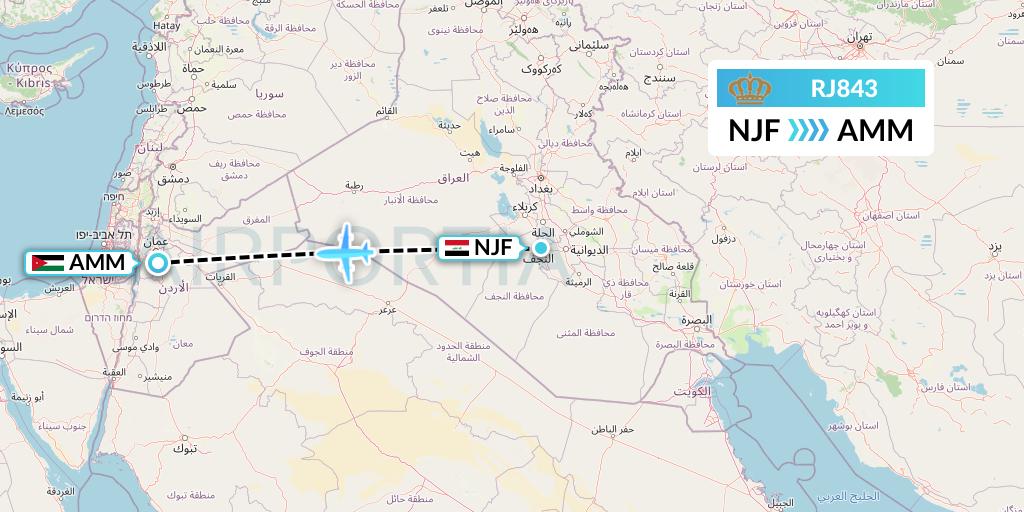 RJ843 Royal Jordanian Flight Map: Najaf to Amman