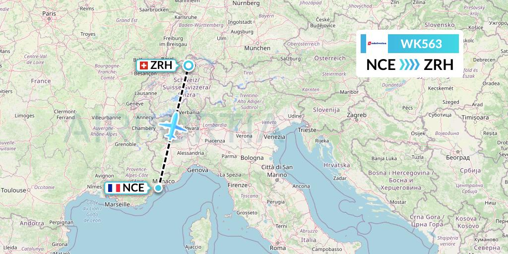 WK563 Edelweiss Air Flight Map: Nice to Zurich