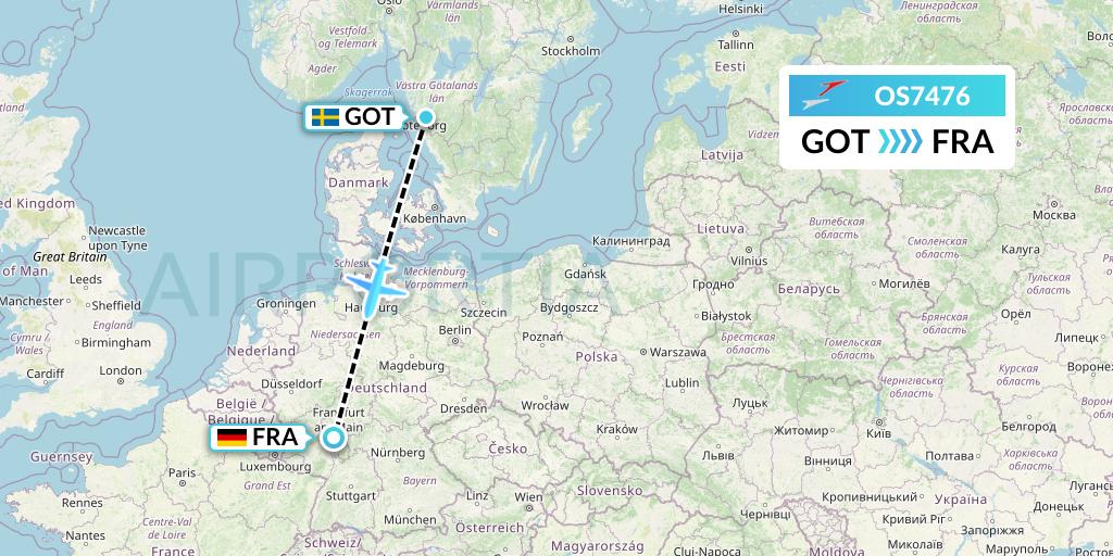 OS7476 Austrian Airlines Flight Map: Gothenburg to Frankfurt