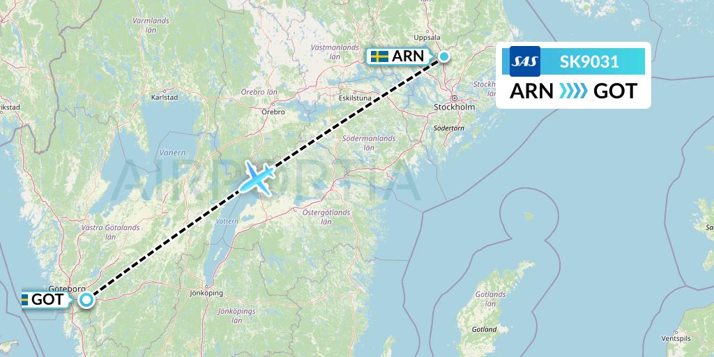 SK9031 SAS Flight Map: Stockholm to Gothenburg