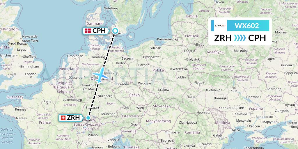 WX602 Cityjet Flight Map: Zurich to Copenhagen