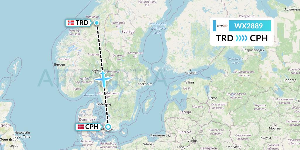 WX2889 Cityjet Flight Map: Trondheim to Copenhagen