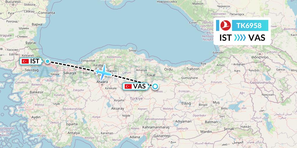 TK6958 Turkish Airlines Flight Map: Istanbul to Sivas