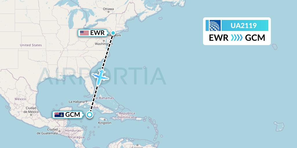 UA2119 United Airlines Flight Map: New York to George Town