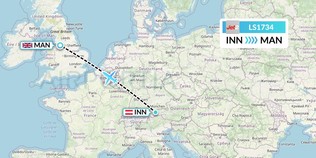 LS1734 Jet2 Flight Map: Innsbruck to Manchester