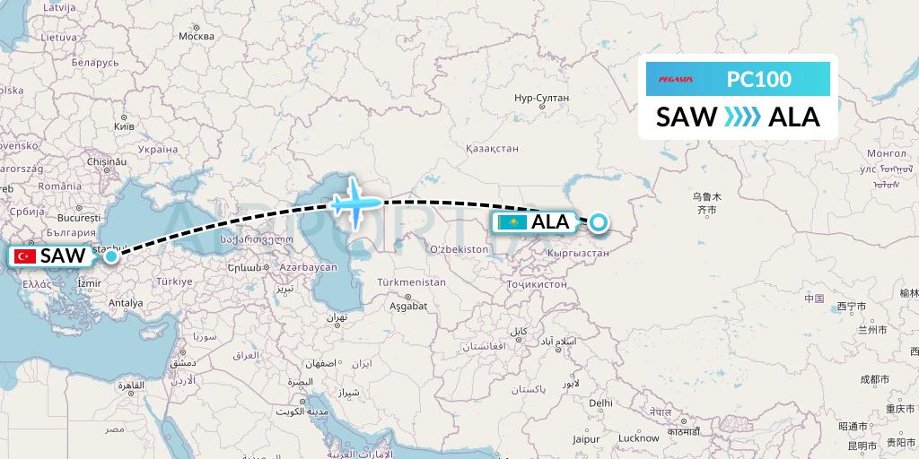 PC100 Pegasus Airlines Flight Map: Istanbul to Almaty