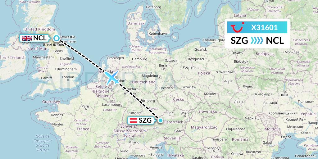 X31601 TUI fly Germany Flight Map: Salzburg to Newcastle