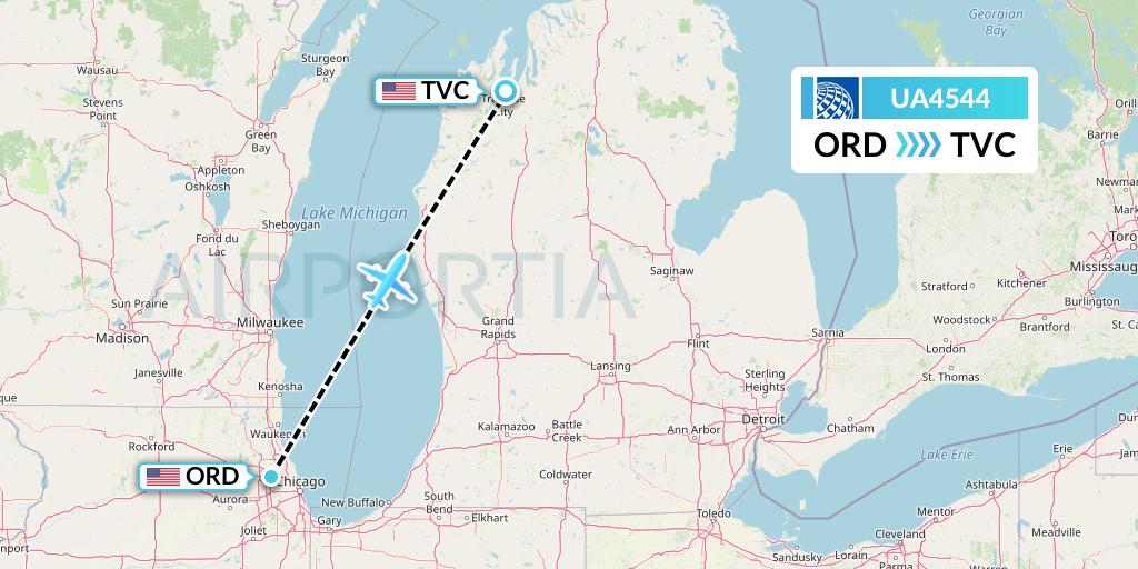 UA4544 United Airlines Flight Map: Chicago to Traverse City