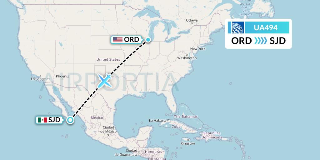 UA494 United Airlines Flight Map: Chicago to San Jose del Cabo