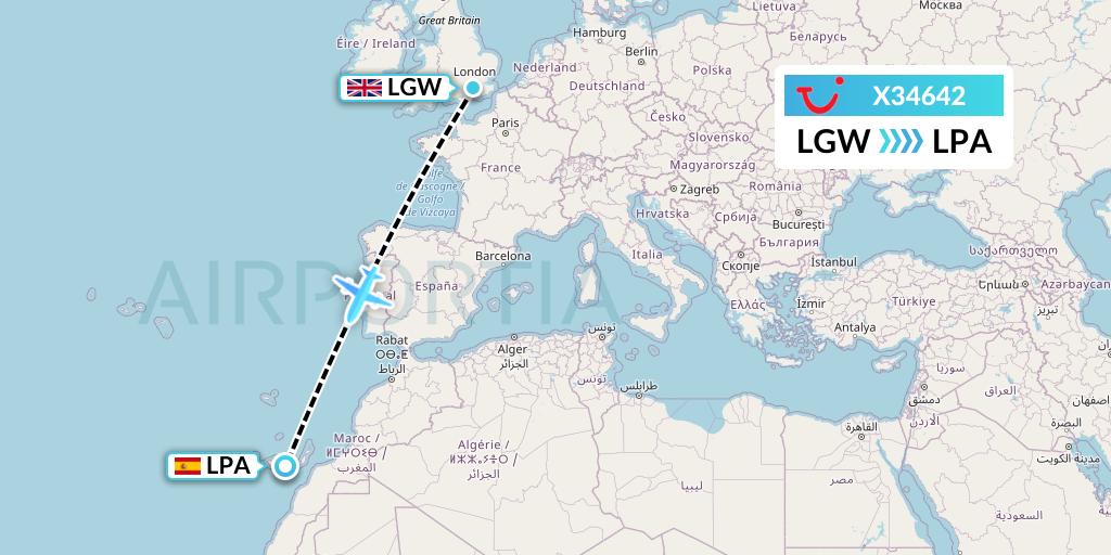 X34642 TUI fly Germany Flight Map: London to Las Palmas
