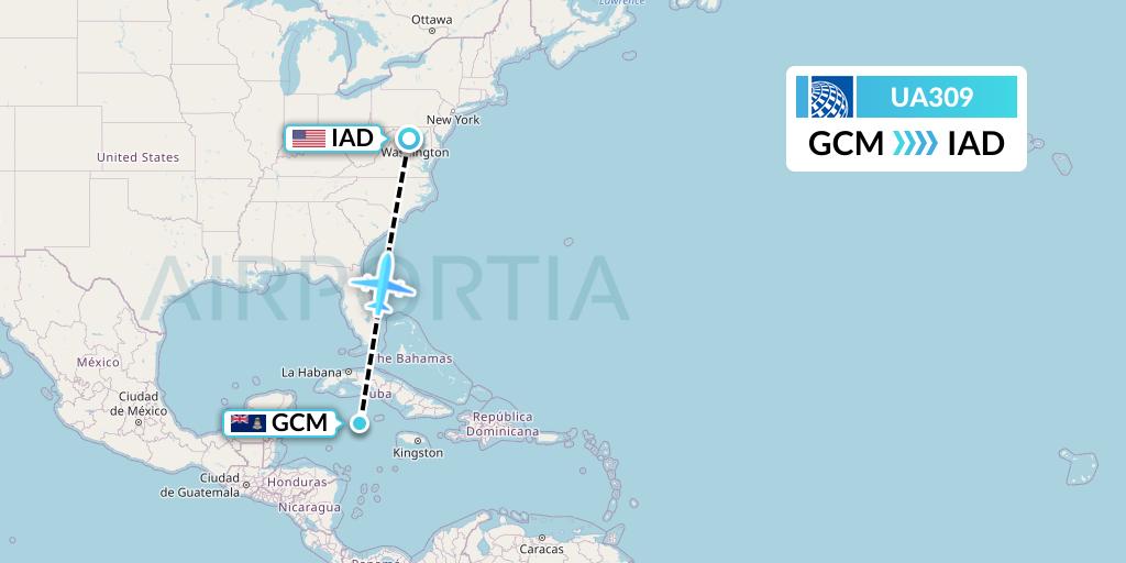 UA309 United Airlines Flight Map: George Town to Washington