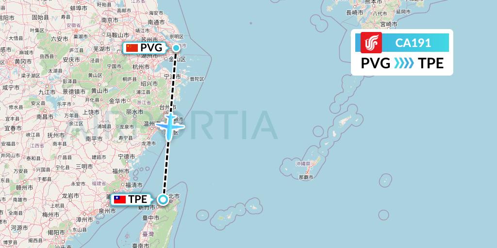 CA191 Air China Flight Map: Shanghai to Taipei