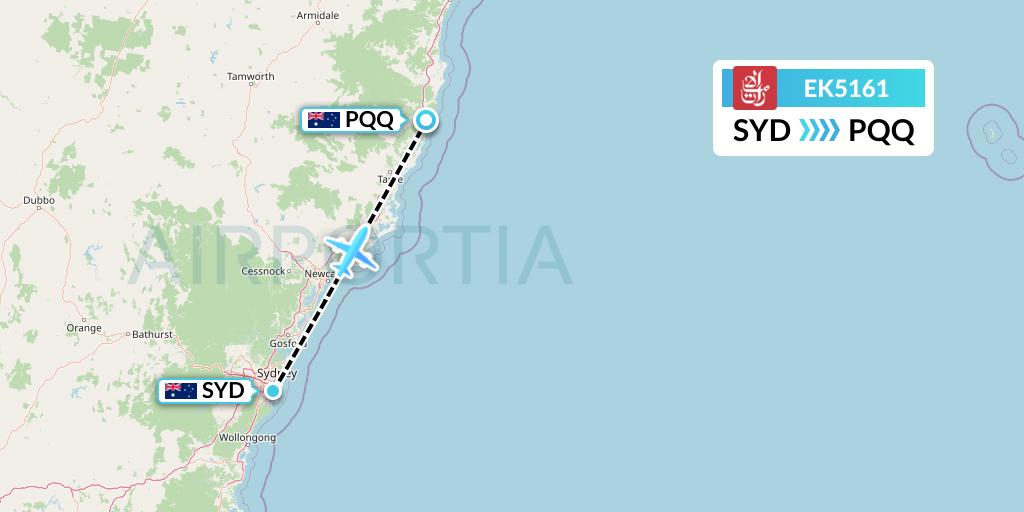 EK5161 Emirates Flight Map: Sydney to Port Macquarie