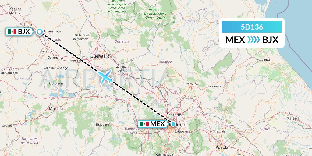 5D136 Aeromexico Connect Flight Map: Mexico City to Silao