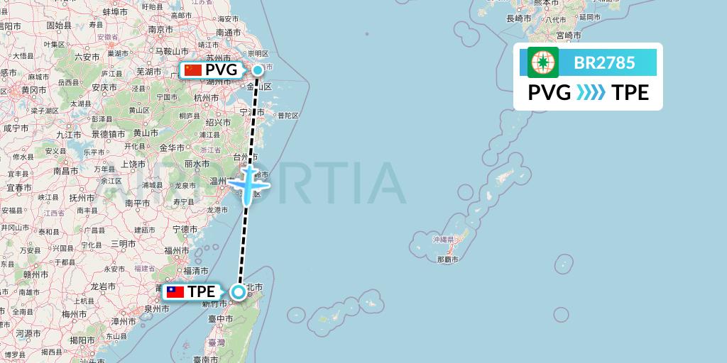 BR2785 EVA Air Flight Map: Shanghai to Taipei