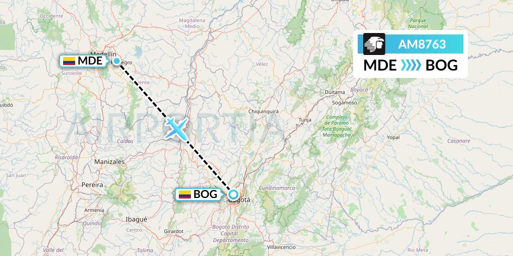 AM8763 Aeromexico Flight Map: Medellin to Bogota