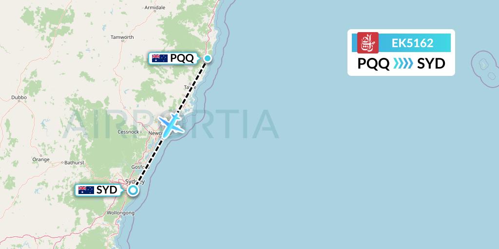 EK5162 Emirates Flight Map: Port Macquarie to Sydney
