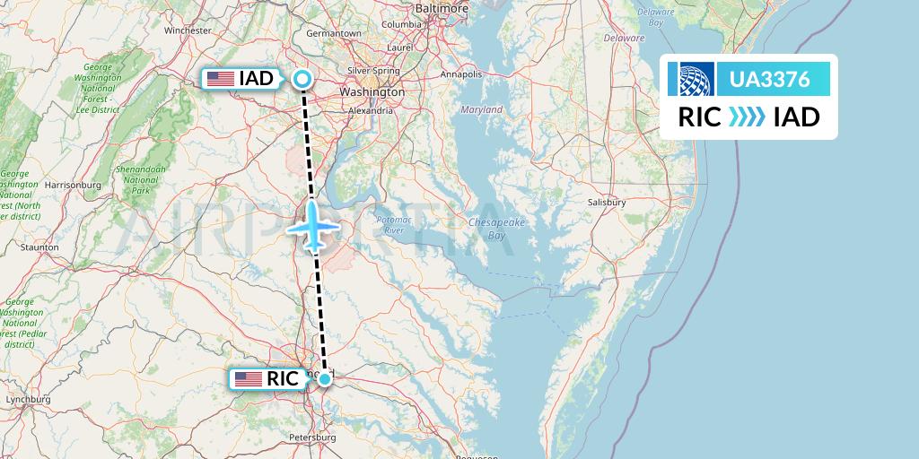 UA3376 United Airlines Flight Map: Richmond to Washington
