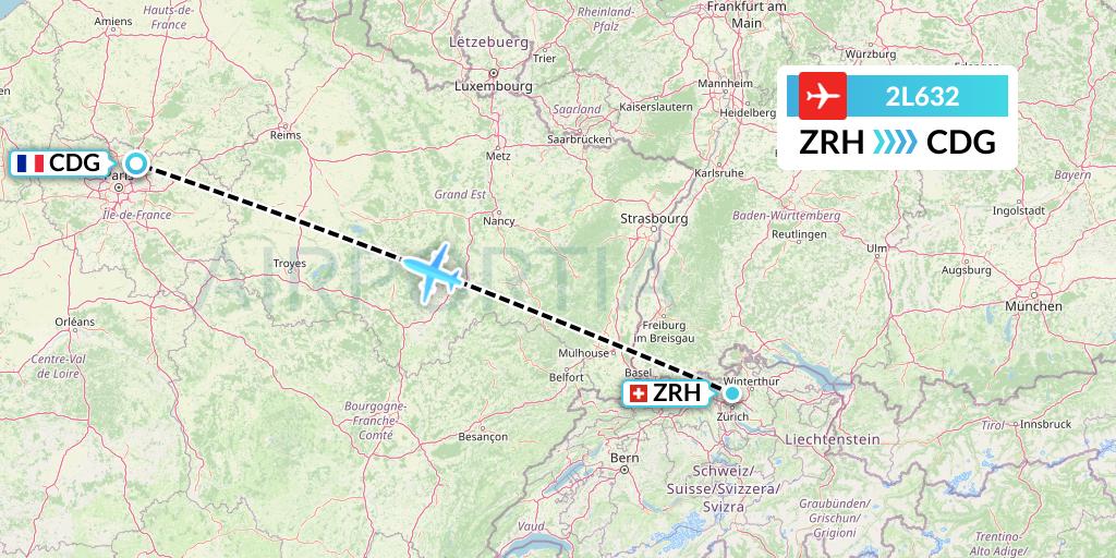 2L632 Helvetic Airways Flight Map: Zurich to Paris