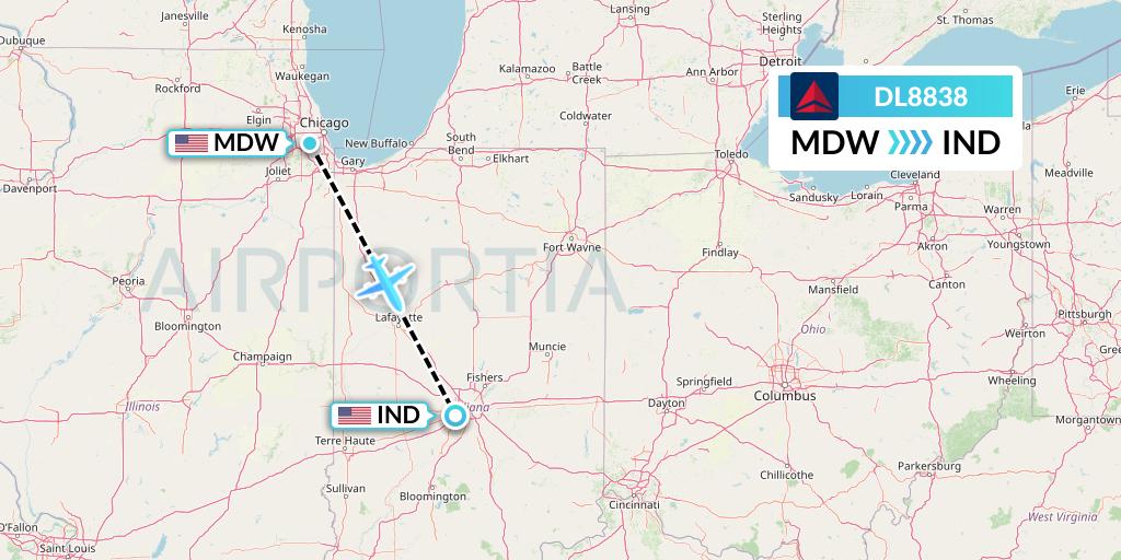 DL8838 Delta Air Lines Flight Map: Chicago to Indianapolis