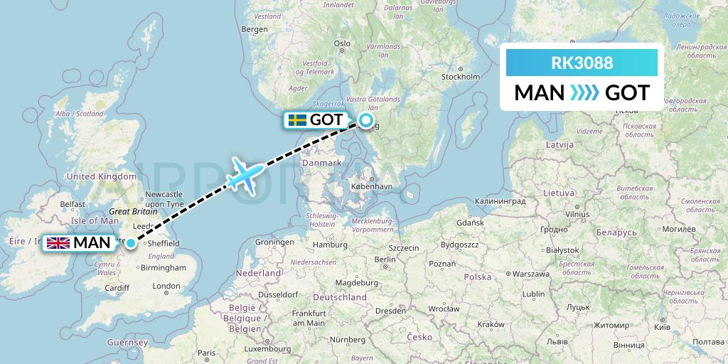 RK3088 Ryanair UK Flight Map: Manchester to Gothenburg