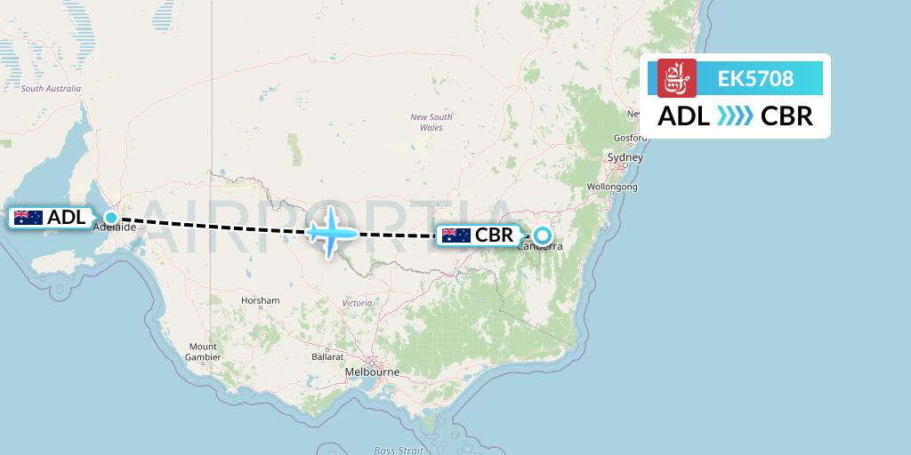 EK5708 Emirates Flight Map: Adelaide to Canberra
