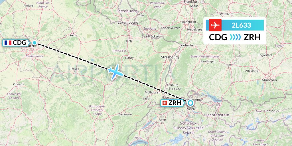 2L633 Helvetic Airways Flight Map: Paris to Zurich