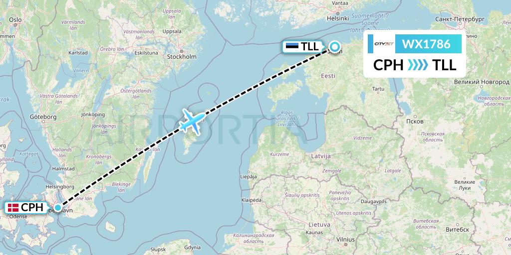 WX1786 Cityjet Flight Map: Copenhagen to Tallinn