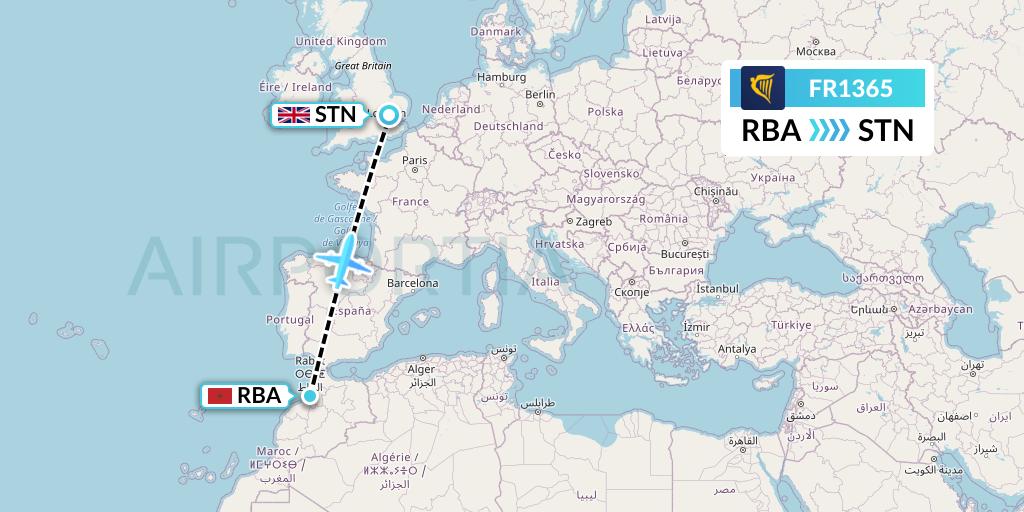 FR1365 Ryanair Flight Map: Rabat to London