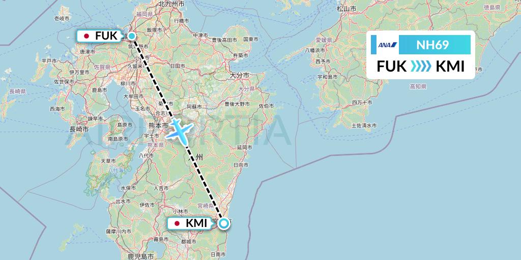 NH69 All Nippon Airways Flight Map: Fukuoka to Miyazaki